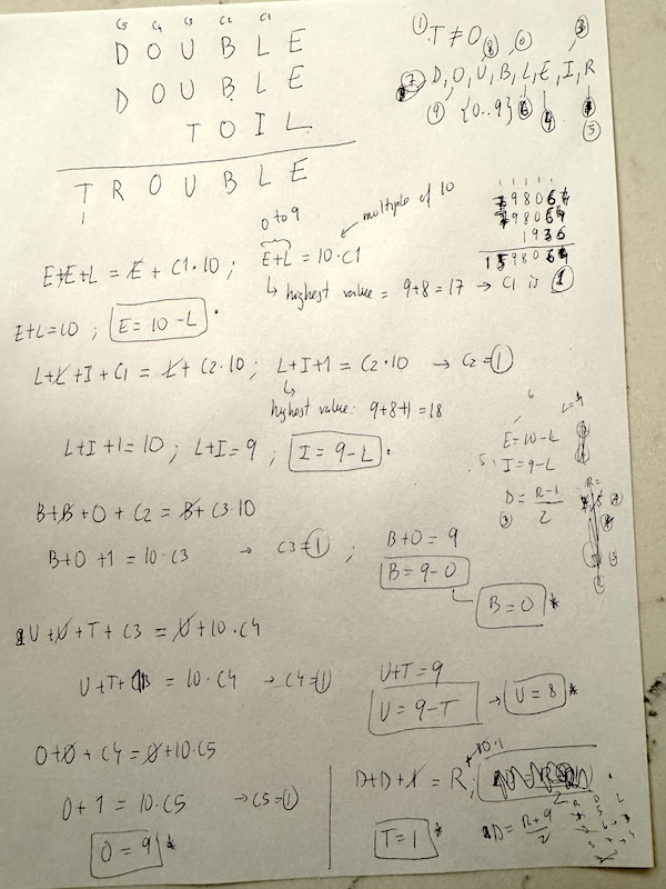 Cryptarithm solution for DOUBLE TROUBLE